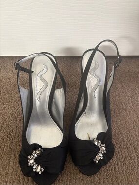 Nina Black Slingback Peep-Toe Heels with Crystal Embellishment leather sole